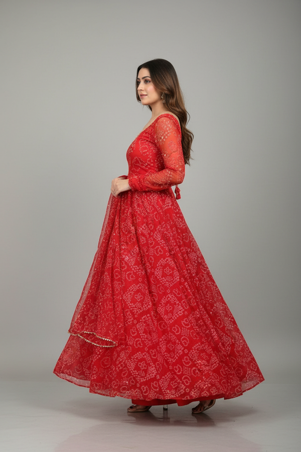 Red Bandhani Style Gown for Women - Traditional Ethnic Party Wear