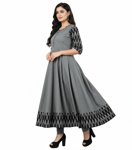 Women's Solid Cotton Gown - Traditional Grey Ethnic Wear