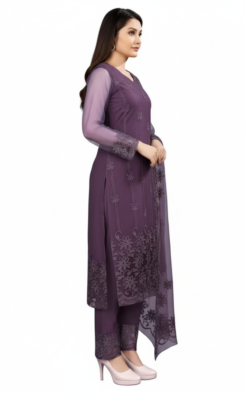 Women's Cotton Kurti Set with Dupatta and Palazzo - 3 Piece Ethnic Dress Purple XXL