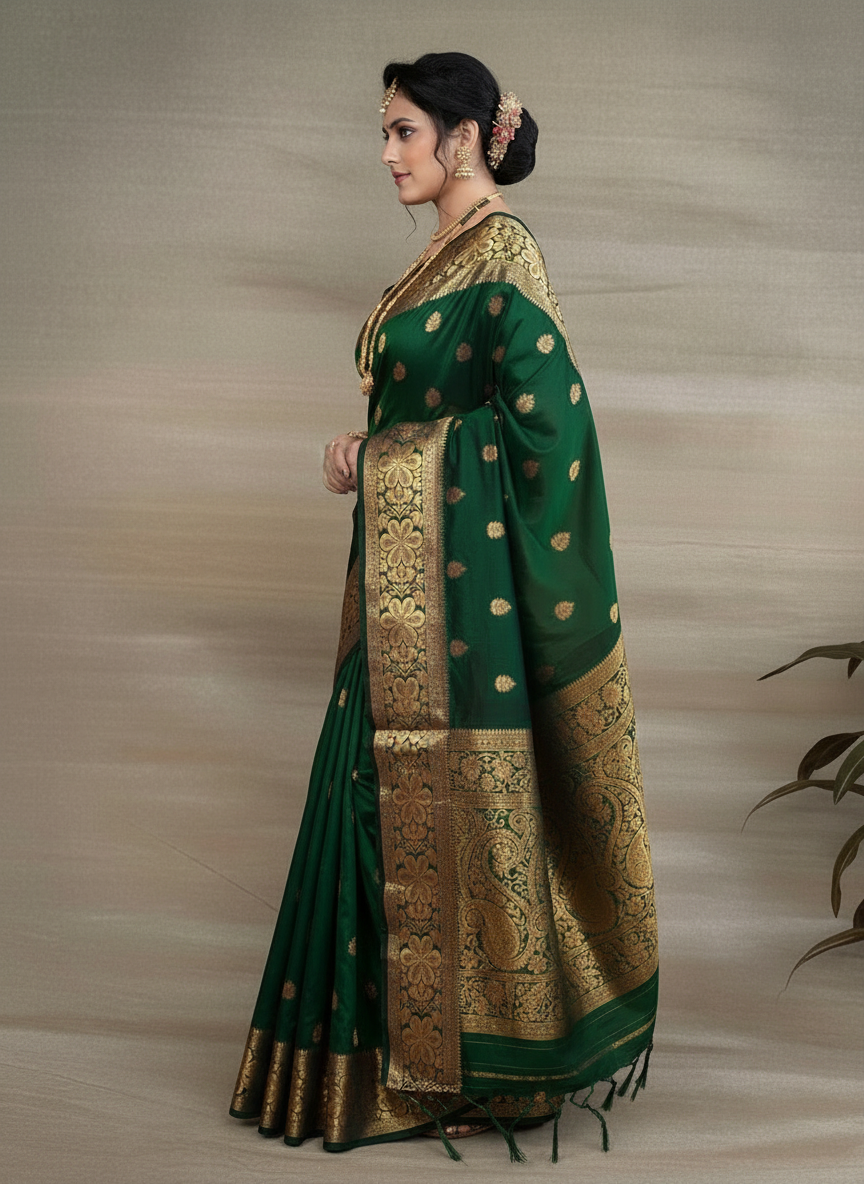 Green Banarasi Silk Woven Saree for Women - Traditional Indian Wedding Saree 6.3m