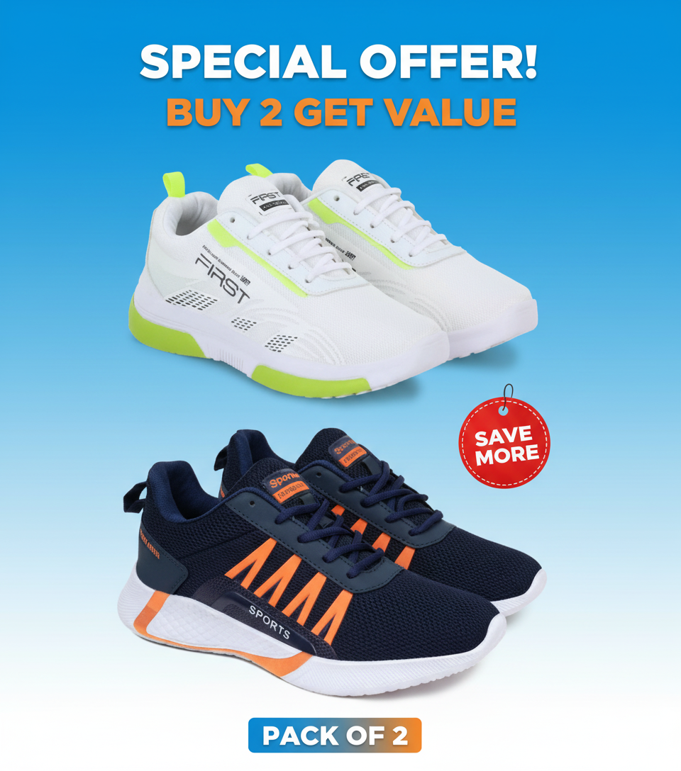 Men's Sports Shoes White & Blue - Comfortable Running Sneakers Pack of 2 (Size 10)