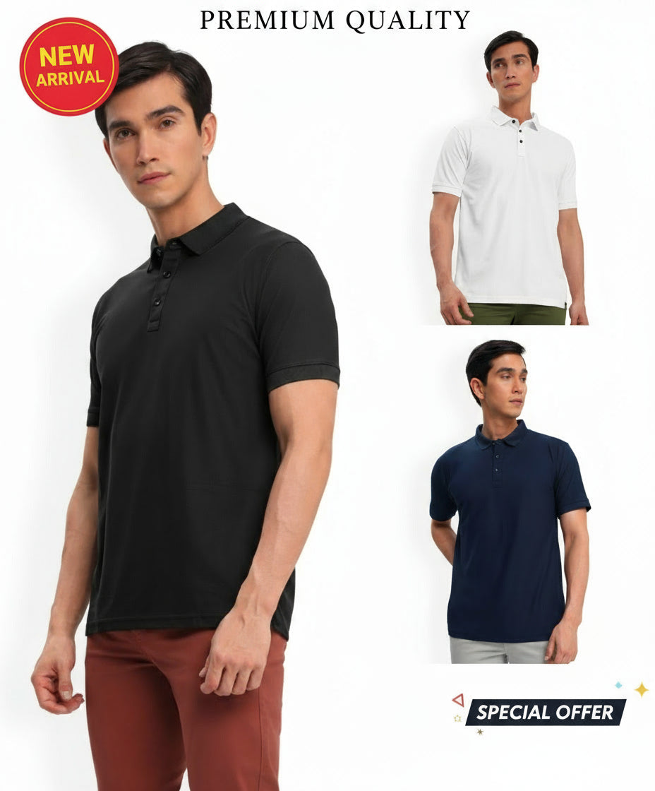 Three men wearing black, white, and navy polo shirts on a white background