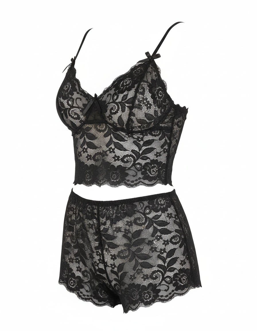 Women's Satin Babydoll Nightwear - Black Lingerie Set (XXS)