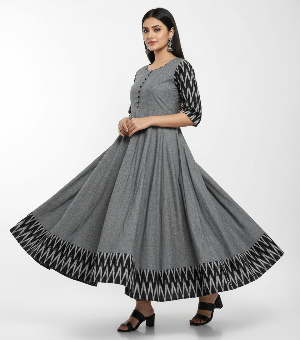 Women's Solid Cotton Gown - Traditional Grey Ethnic Wear