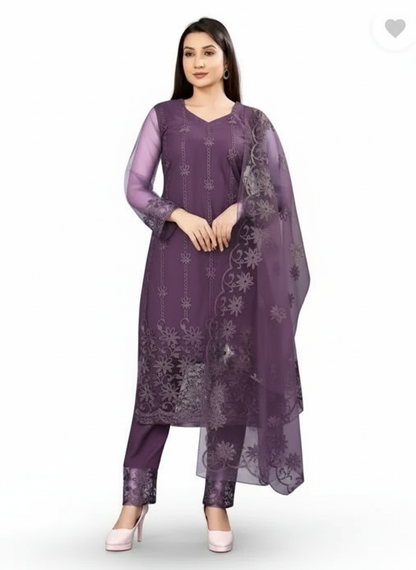 Women's Cotton Kurti Set with Dupatta and Palazzo - 3 Piece Ethnic Dress Purple XS