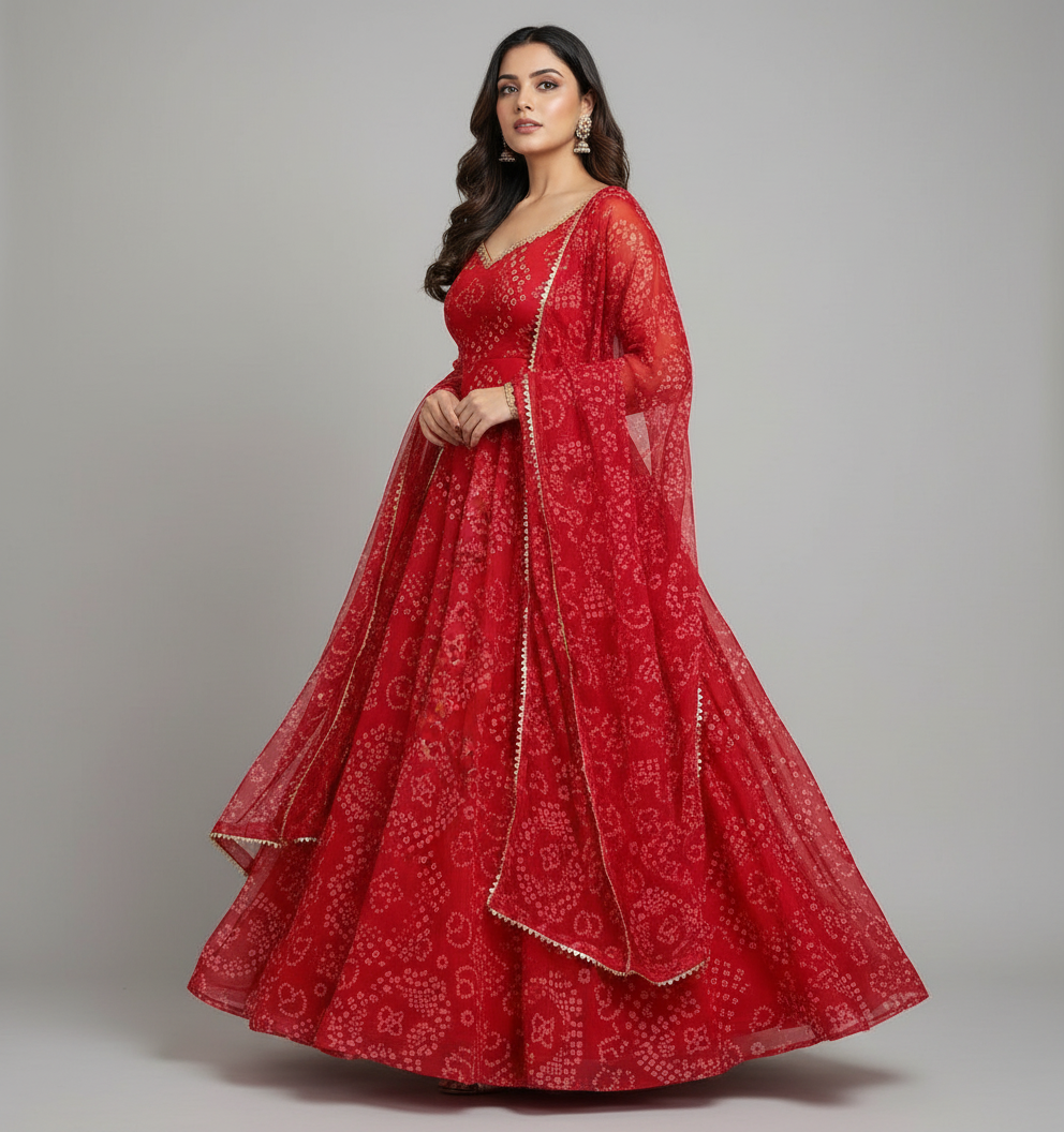 Red Bandhani Style Gown for Women - Traditional Ethnic Party Wear