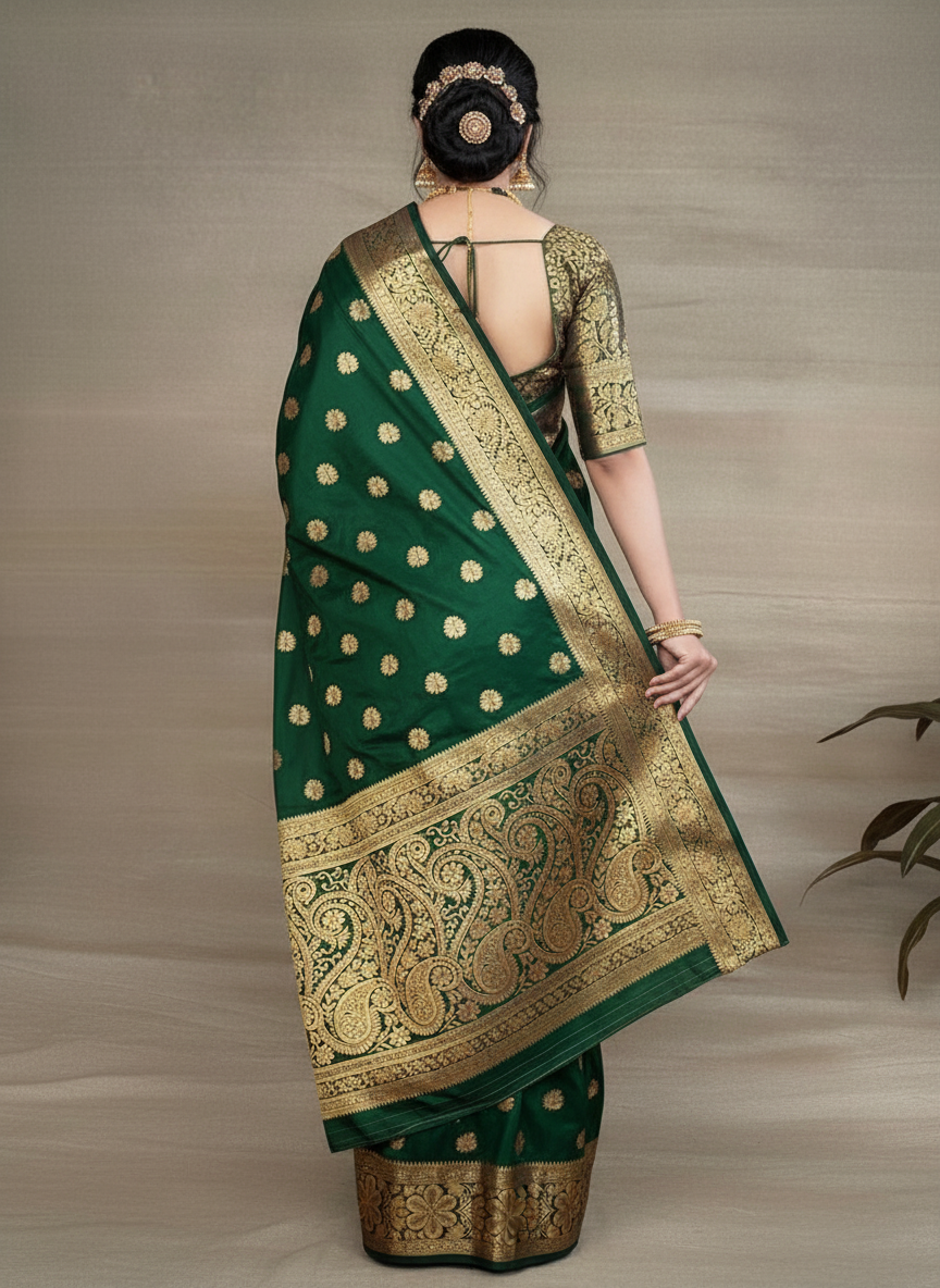 Green Banarasi Silk Woven Saree for Women - Traditional Indian Wedding Saree 6.3m
