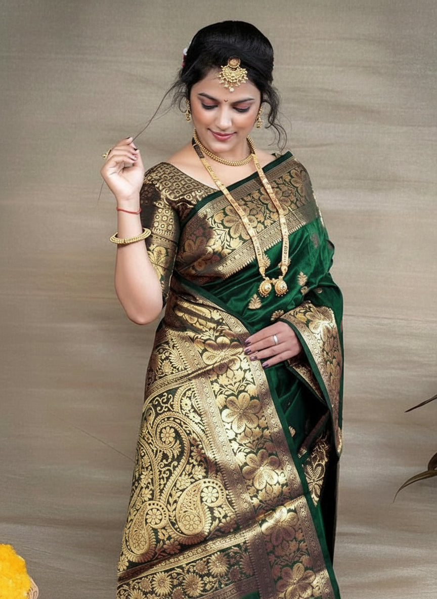 Green Banarasi Silk Woven Saree for Women - Traditional Indian Wedding Saree 6.3m