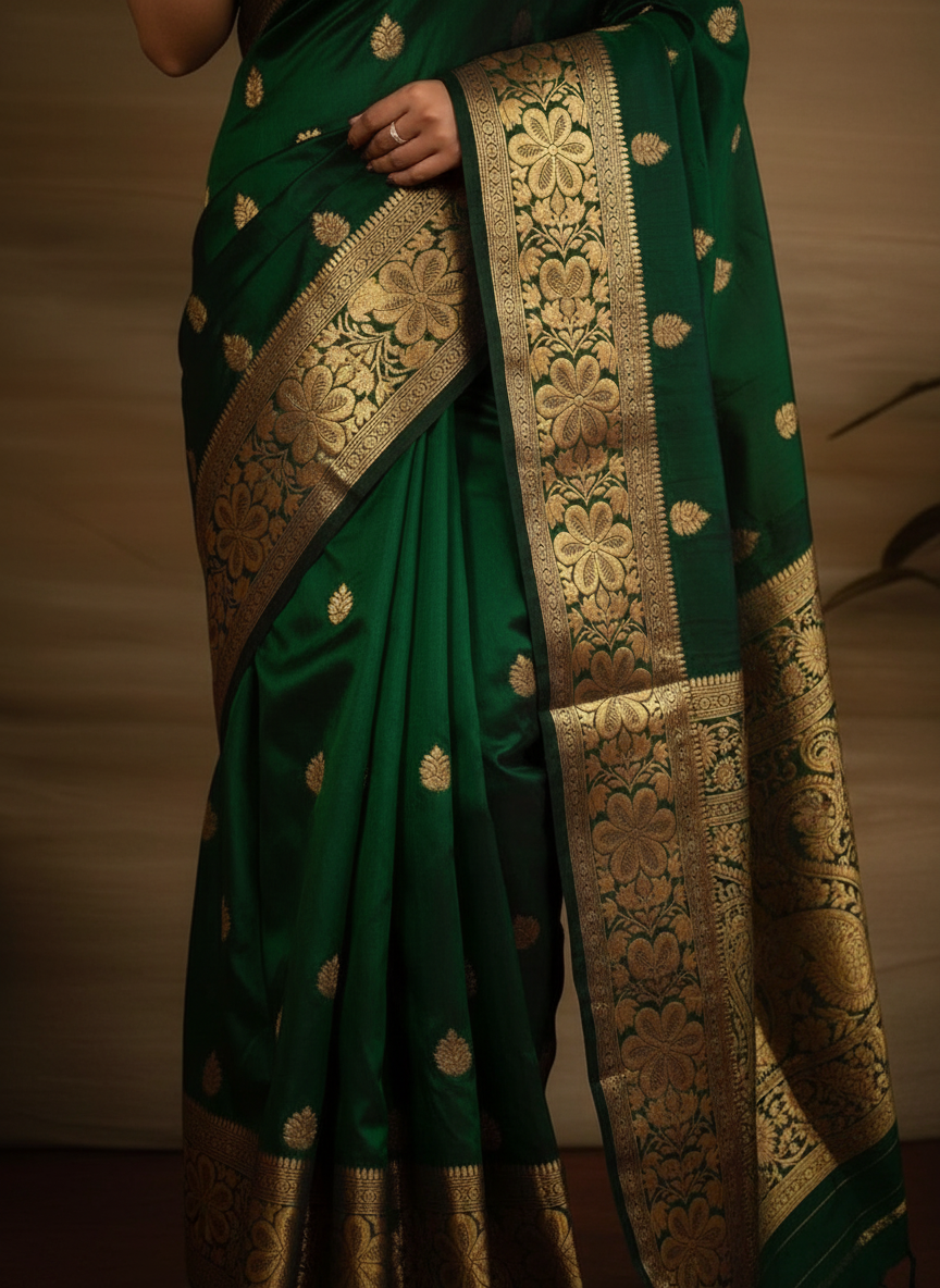 Green Banarasi Silk Woven Saree for Women - Traditional Indian Wedding Saree 6.3m
