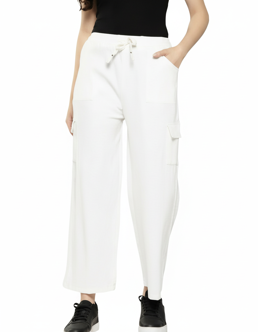 Cotton Blend Straight Fit Trouser for Women (White, S)