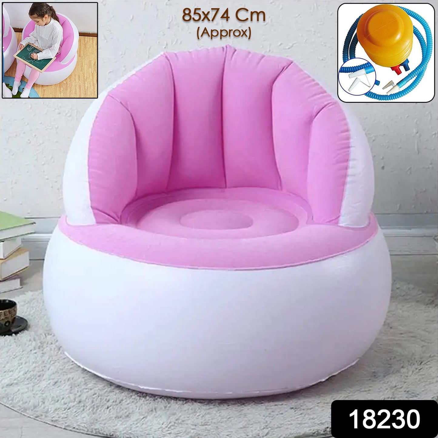 Kids Inflatable Sofa Chair With Backrest Foot Air Pump With Hose (1 Set 85x74 Cm Approx)